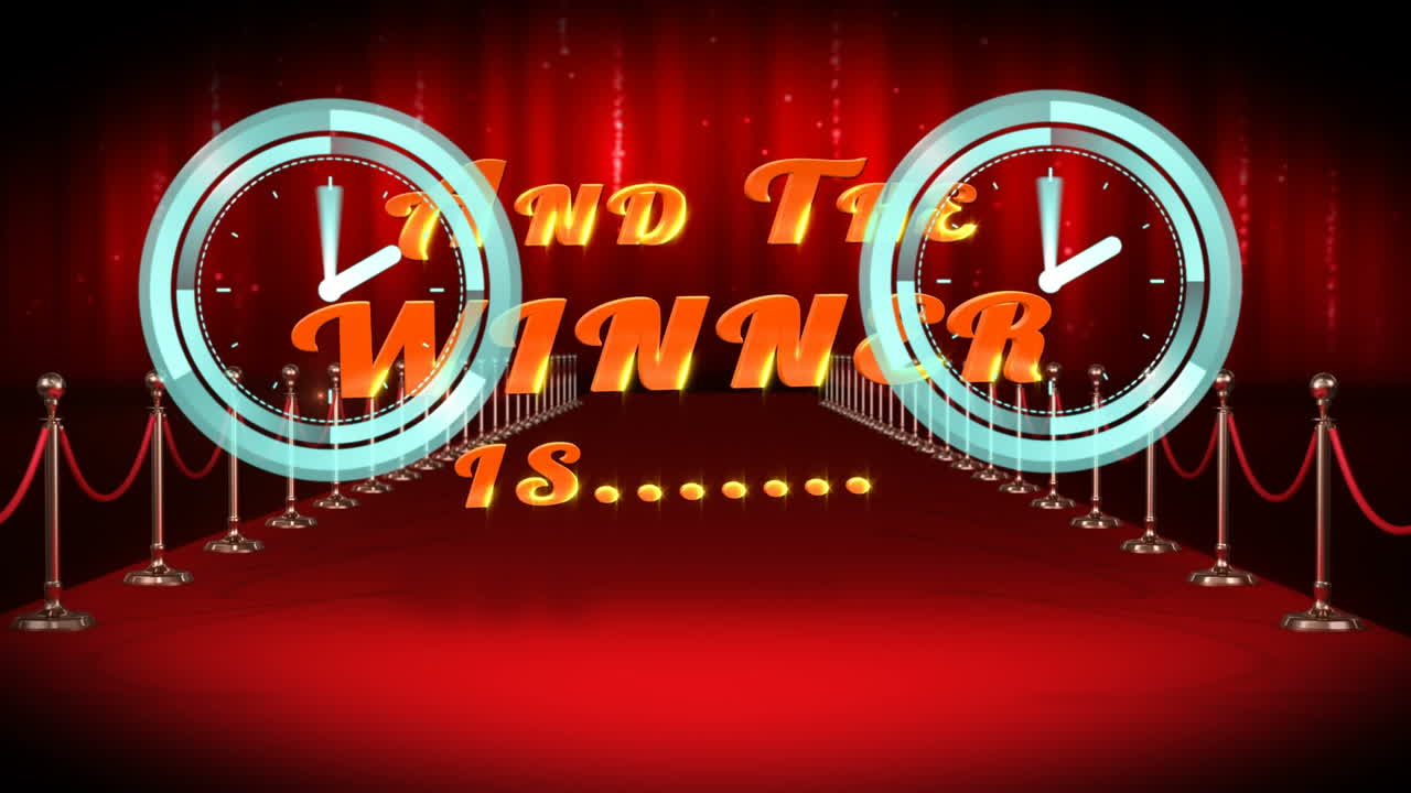 animación de relojes en movimiento y el ganador es el texto y la alfombra roja