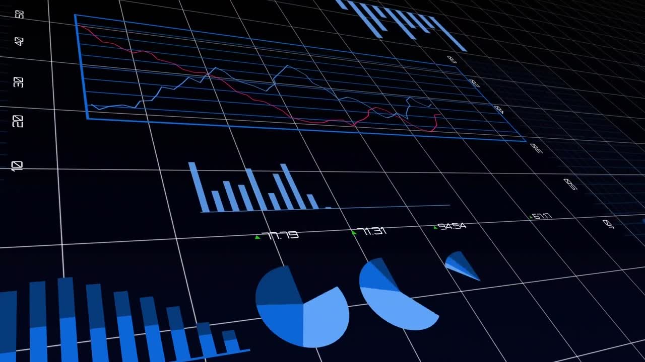 animación de múltiples gráficos, cambios de números y círculos de carga sobre fondo negro