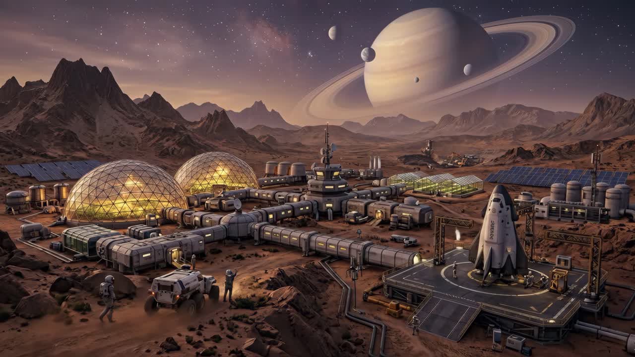 Mars Base with Astronauts and Rocket Under a Ringed Planet Sky