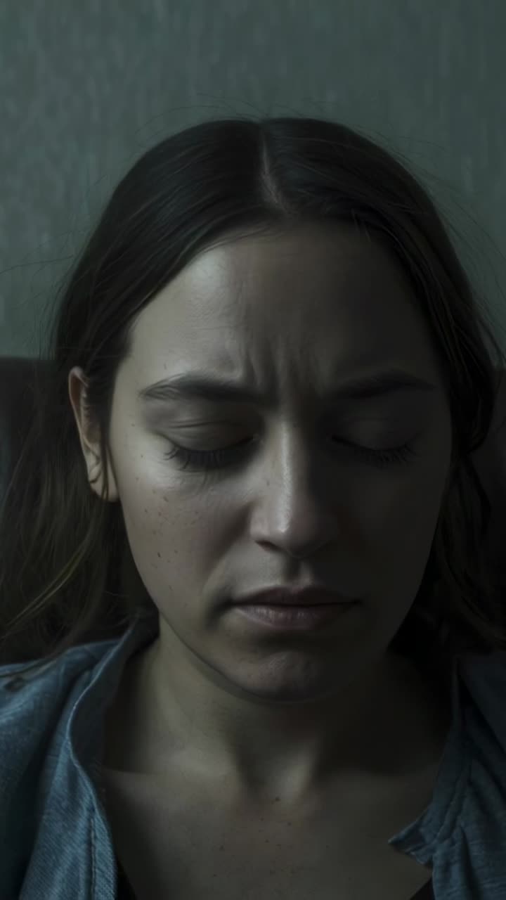 Video verticale: Donna con la fronte aggrottata, in camicia grigio-blu, che abbassa lo sguardo e china la testa sul divano.