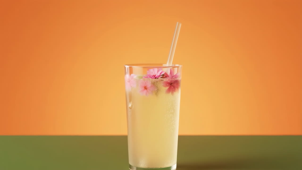 Refreshing Drink with Pink Flowers and Straw