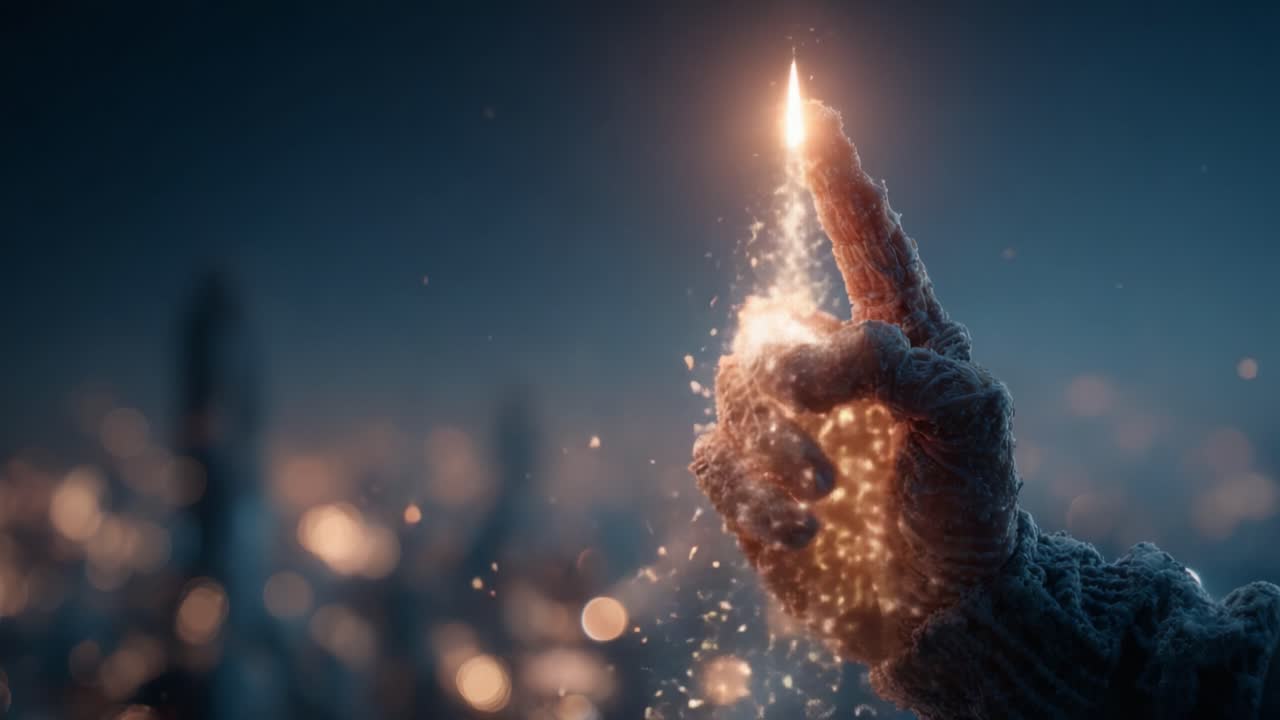 A delicate hand holds a flickering flame, illuminating the darkness with a warm glow while contrasting against a dreamy, blurred background of soft lights
