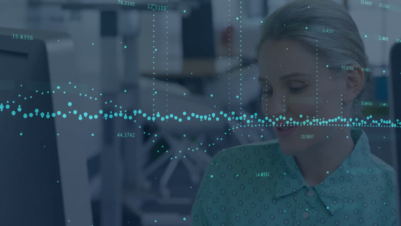 Statistical data processing against caucasian woman smiling while working at office