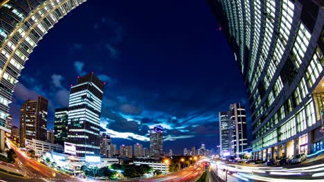 city skyline at night with fisheye lens