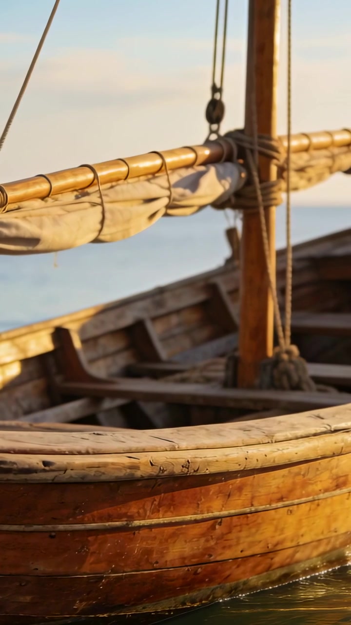 Video verticale: Onde che cullano una barca a vela di legno in baia al tramonto, con albero e vela avvolta