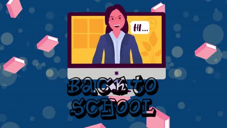 animación de regreso a la escuela y el maestro en la pantalla sobre fondo azul