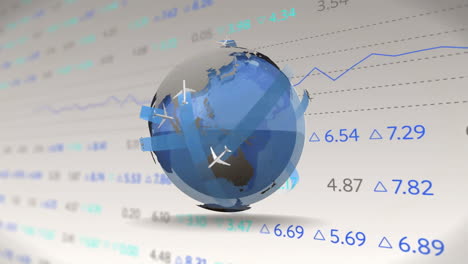 animation of financial data processing over globe with airplanes