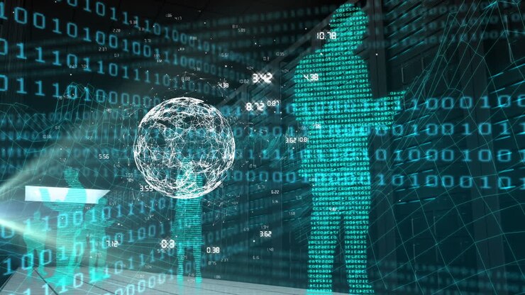 Animation of globe and human shape over binary code