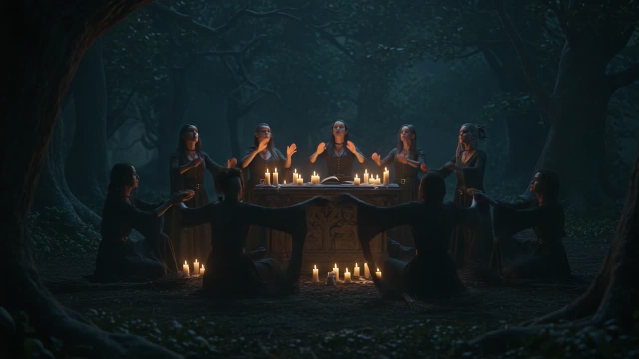 A Mysterious Gathering in the Moonlit Forest: Figures Engaged in an Enigmatic Ritual Surrounded by Flickering Candles and Dark, Enigmatic Trees