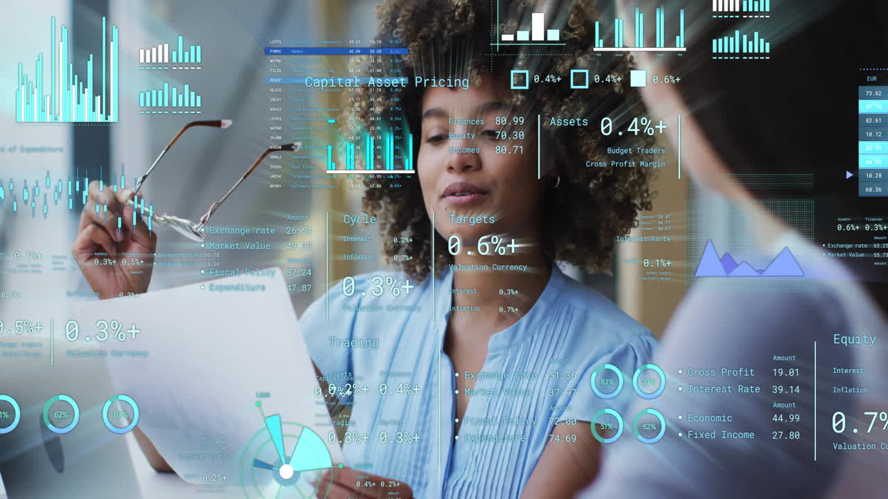 Animation of financial data processing over diverse business people in office