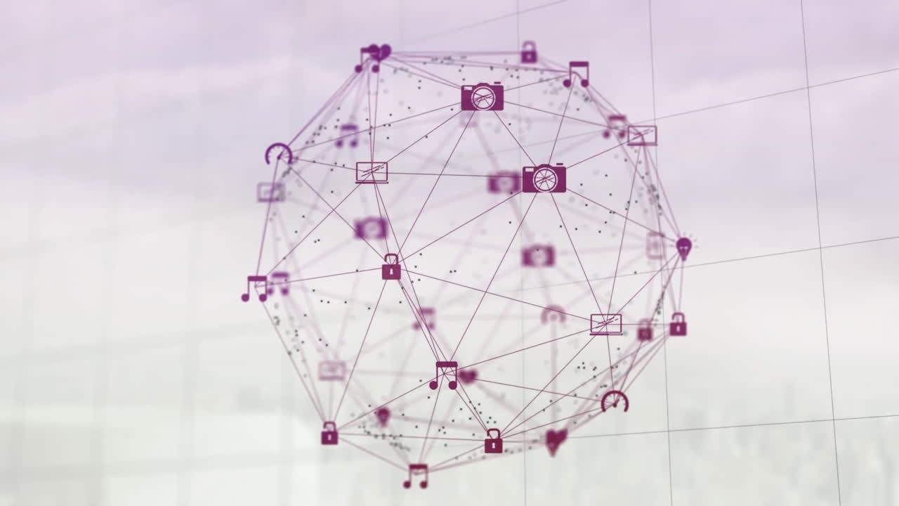 animación del globo con conexiones e íconos sobre fondo blanco