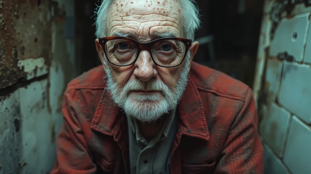 An old man with glasses and a beard sitting in a jail cell