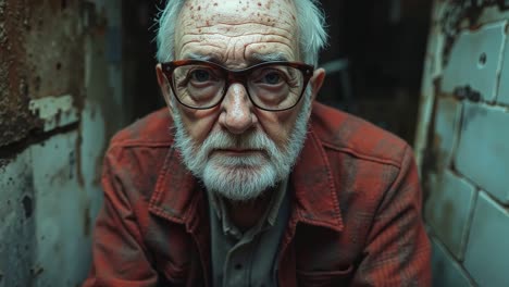 an old man with glasses and a beard sitting in a jail cell