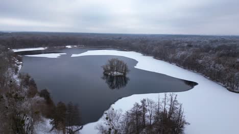 Winter-Schnee-Eis-See-Wald-Wald-Bewölkter-Himmel-Deutschland