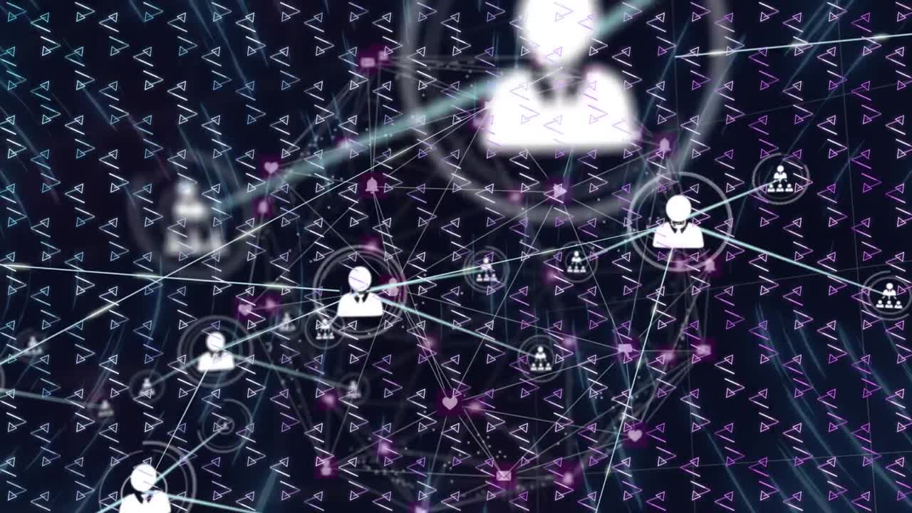 animación de iconos de perfil que conectan puntos con un fondo de patrón triangular en la interfaz digital