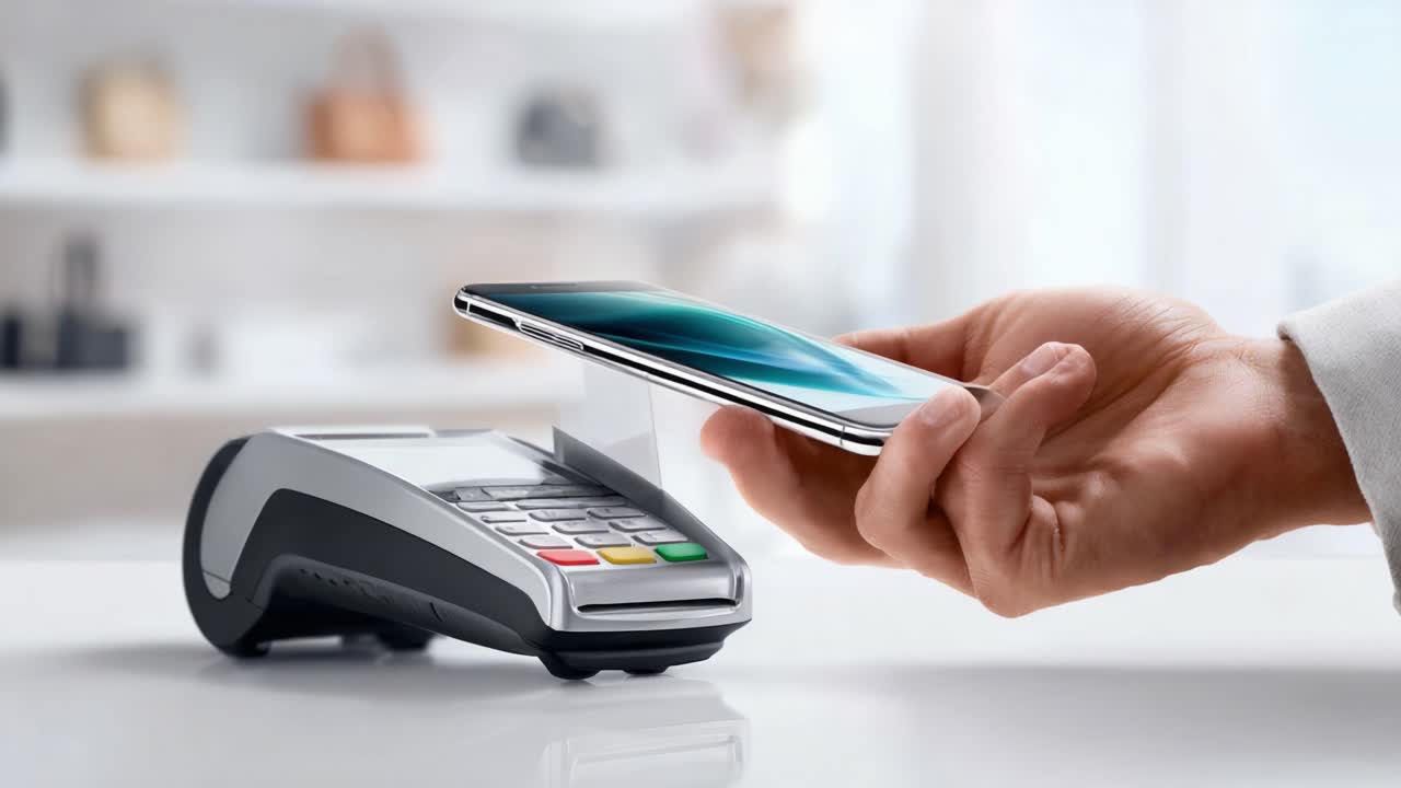 A hand holding a smartphone approaches a contactless payment terminal, showcasing the convenience of mobile payments in a modern and digital retail environment