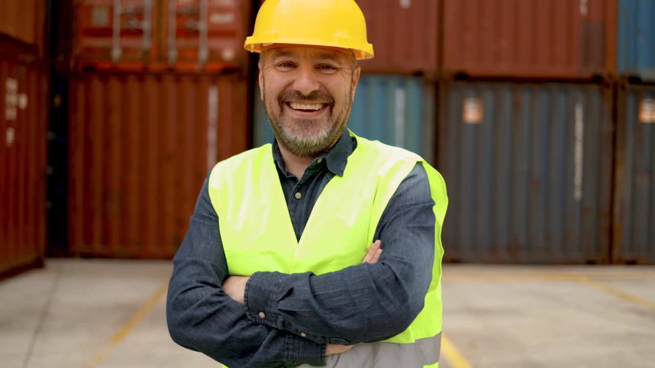 Ingegnere industriale senior sorridente alla telecamera al porto terminale di spedizione merci