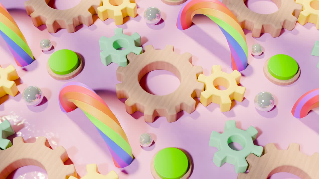3D rendering of looped rotating gears on pink background