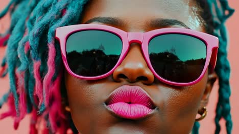 una mujer con dreadlocks rosados y azules con gafas de sol rosadas