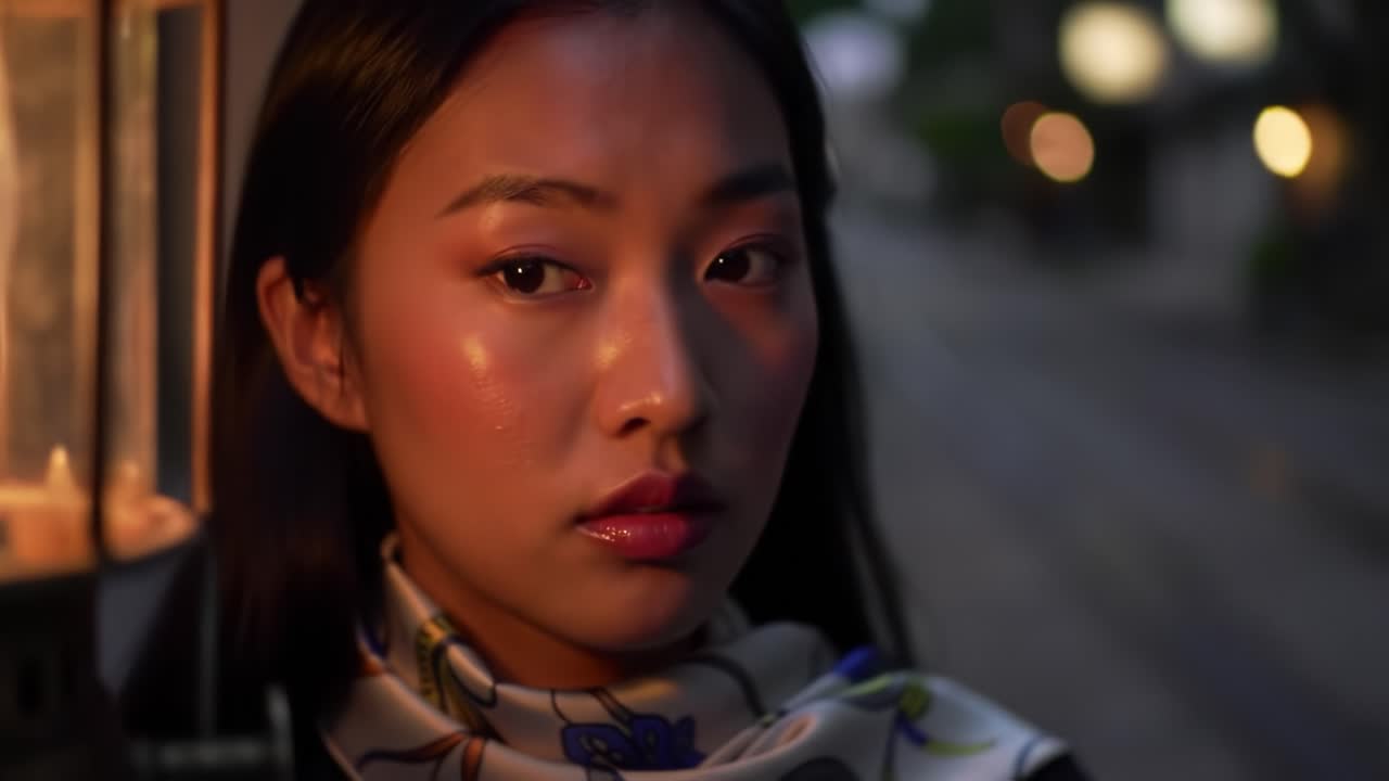 A Captivating Evening Look: A Portrait of a Woman Illuminated by Lantern Light, Exuding Elegance and Mystery in a Serene Night Setting