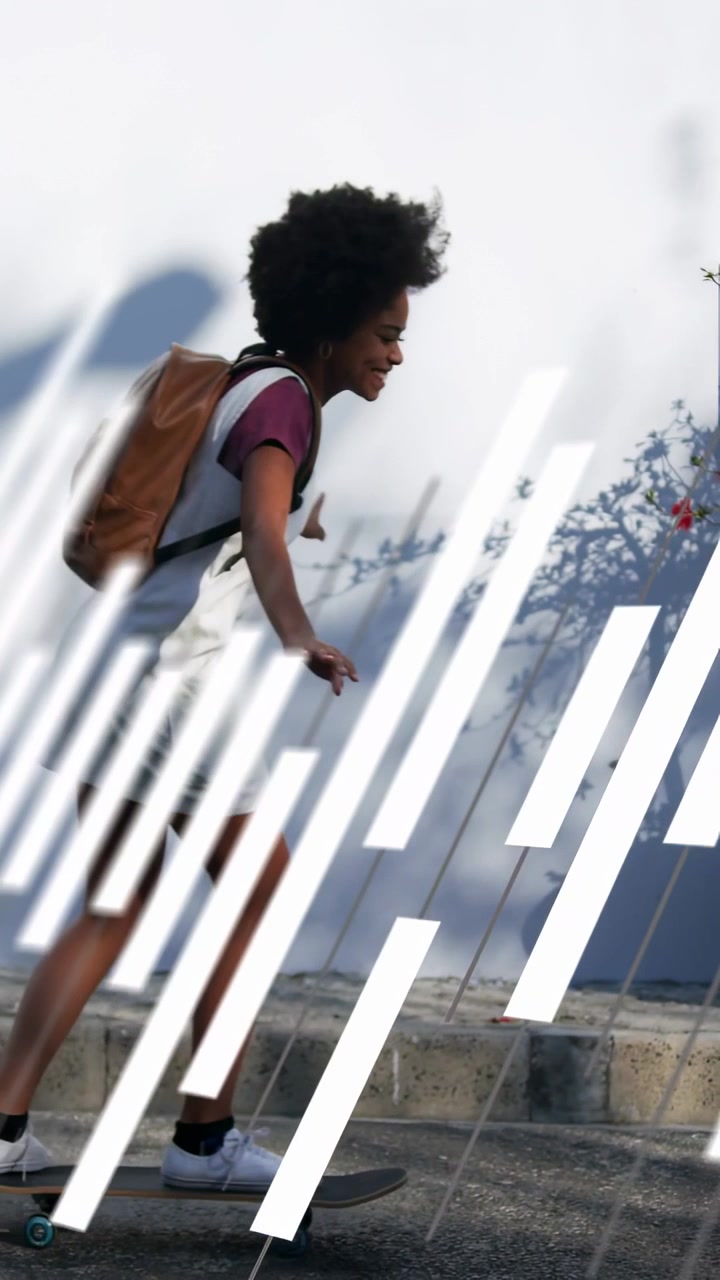 Vertical video: Woman pushing skateboard, commuting and riding curb, animated bars enhancing ads