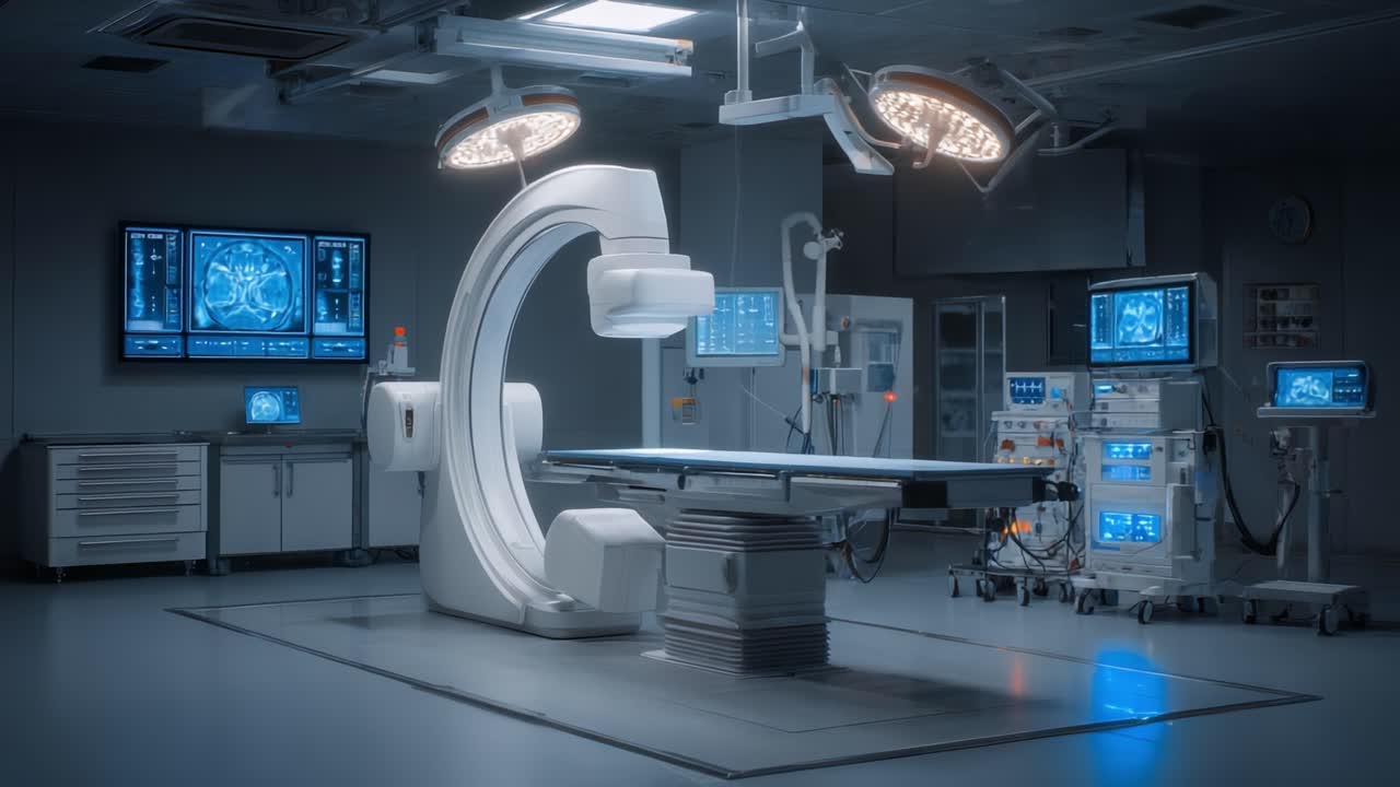 A High-Tech Surgical Suite Featuring Advanced Medical Imaging Equipment, Bright Surgical Lighting, and a Sterile Environment for Optimal Patient Care and Safety