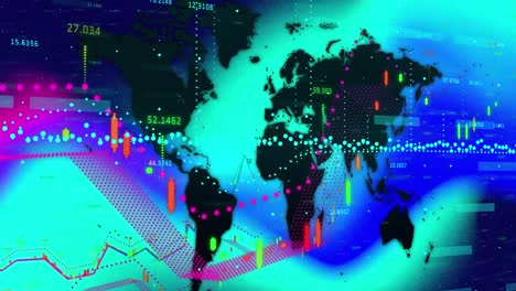 animation of financial data processing and world map over shapes on black background