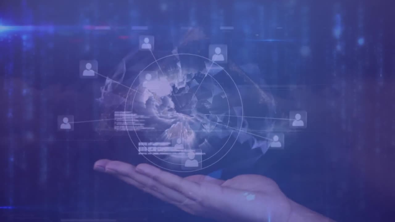 연결 네트워크의 애니메이션과 지구와 손에 대한 데이터 처리