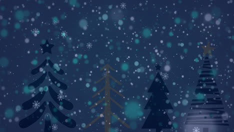 Animation-of-snow-falling-over-fir-trees-on-dark-background