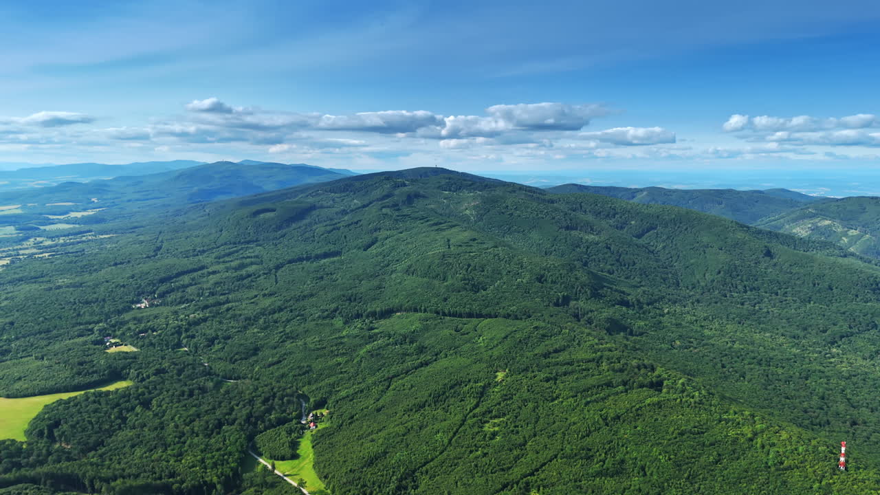Summer's green mountains, clear skies. Expansive green mountains stretch under a blue sky, showcasing a serene summer landscape with distant peaks