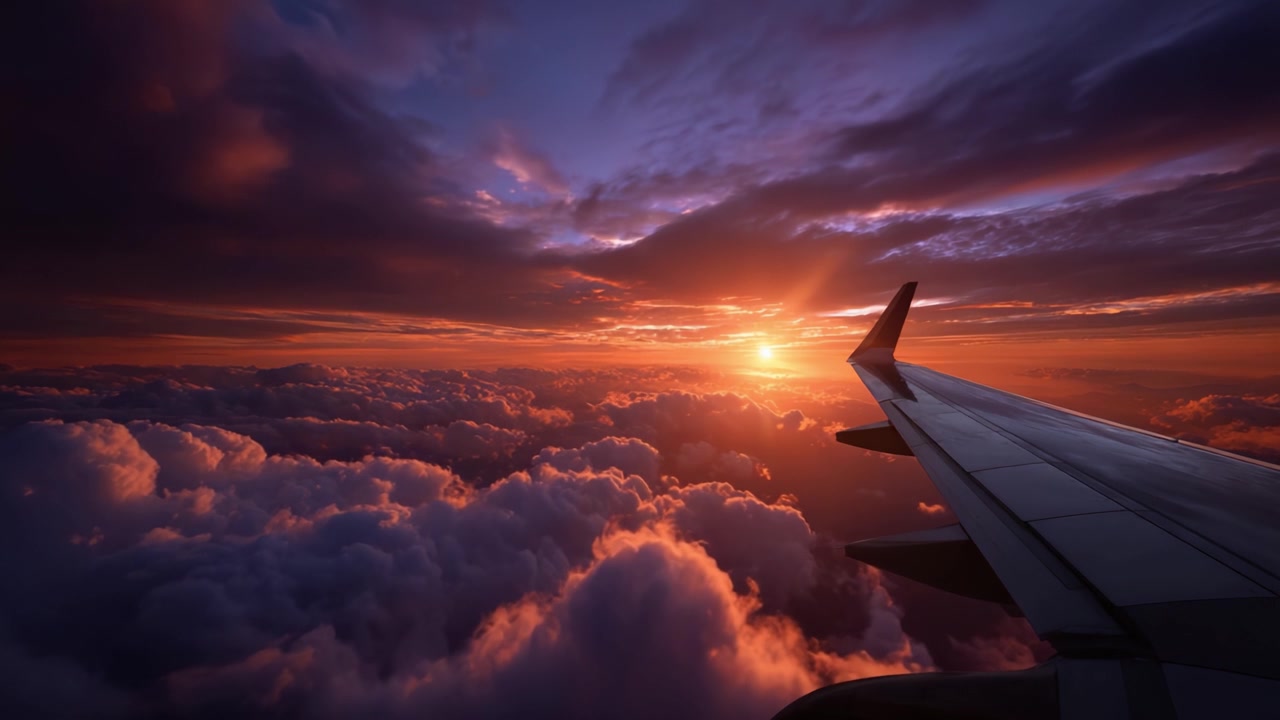 En fængslende udsigt fra en flyvinge ved solnedgang, der viser himlens og skyernes storslåede farver over horisonten med en æterisk glød