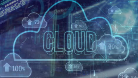 animación de texto en la nube, números cambiantes, flechas en las nubes y tablero de negociación en el fondo