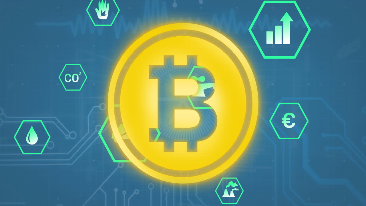 Animation of bitcoin symbol, digital icons and data processing against blue background