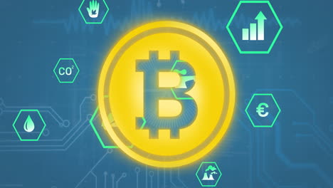 animación del símbolo de bitcoin, iconos digitales y procesamiento de datos contra un fondo azul