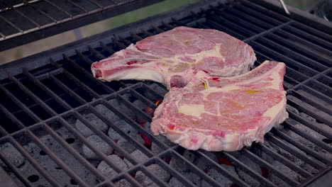 zoom in view of aged, well marbled raw steaks on a charcoal barbecue