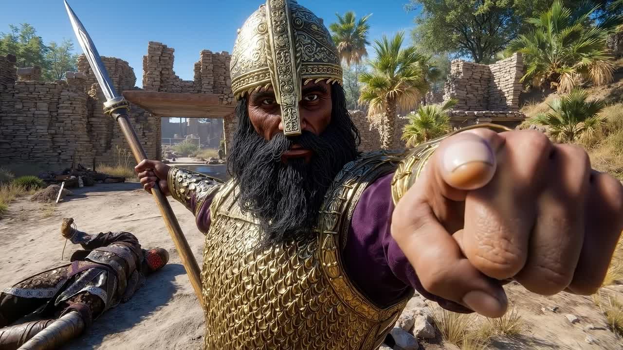 A man with a long beard holding a sword in a desert area