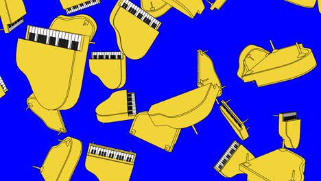 muchos pianos amarillos en fondo de teclas de croma azul.
