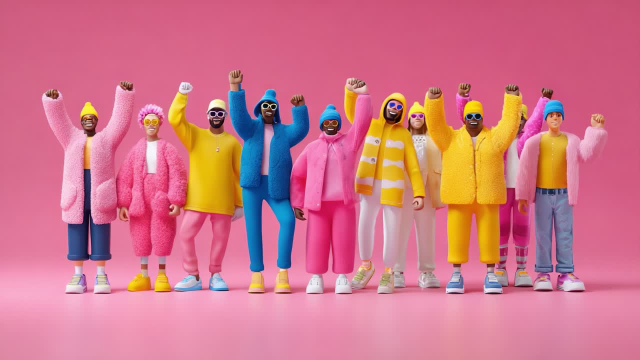 A Vibrant Celebration of Diversity and Unity: Colorful Models in Stylish Outfits with Playful Poses Against a Bright Pink Background, Embracing Individuality and Togetherness