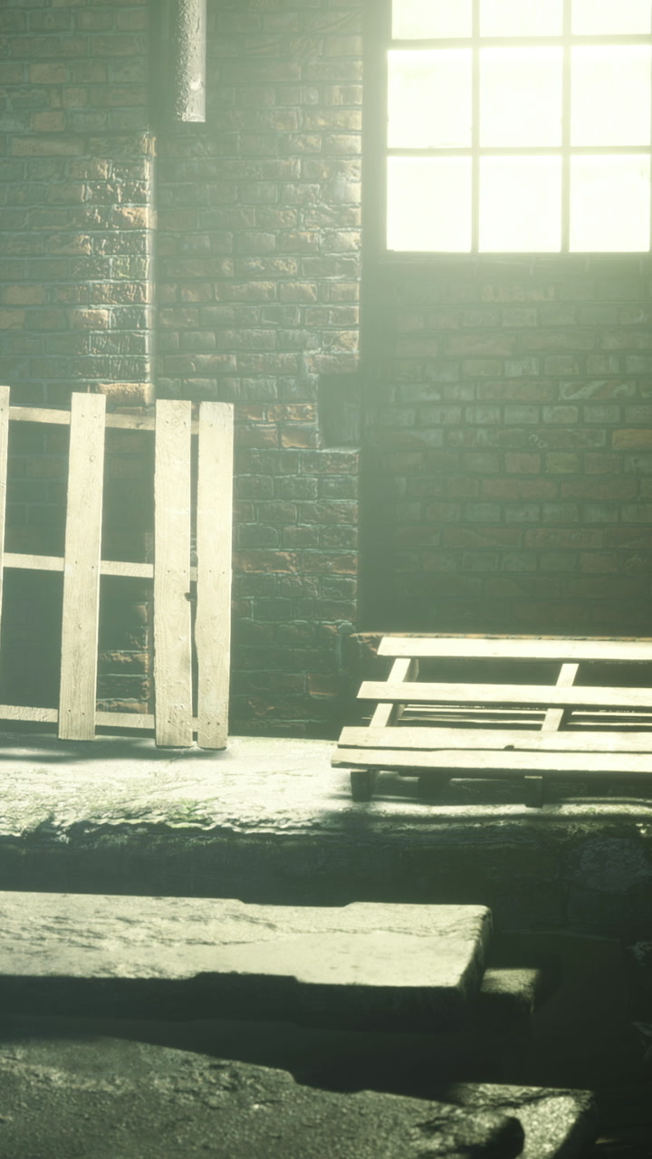 Old bricks and wooden pallets in a dimly lit indoor space in the afternoon