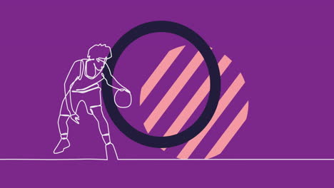 animación de dibujo de jugador de baloncesto masculino y formas sobre fondo púrpura