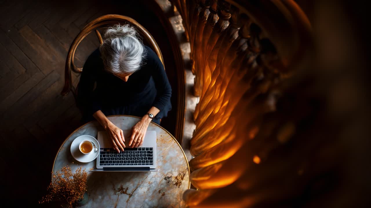 A Serene Moment: An Elevated View of a Person Working on a Laptop at a Beautifully Designed Café Table, With a Coffee in Hand and Artistic Surroundings Enhancing the Experience