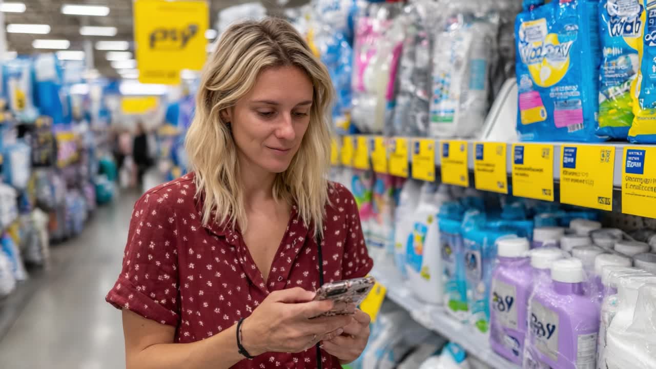 A Thoughtful Shopper Engaged with Her Mobile Device While Exploring Aisles Filled with Household Products in a Store Environment