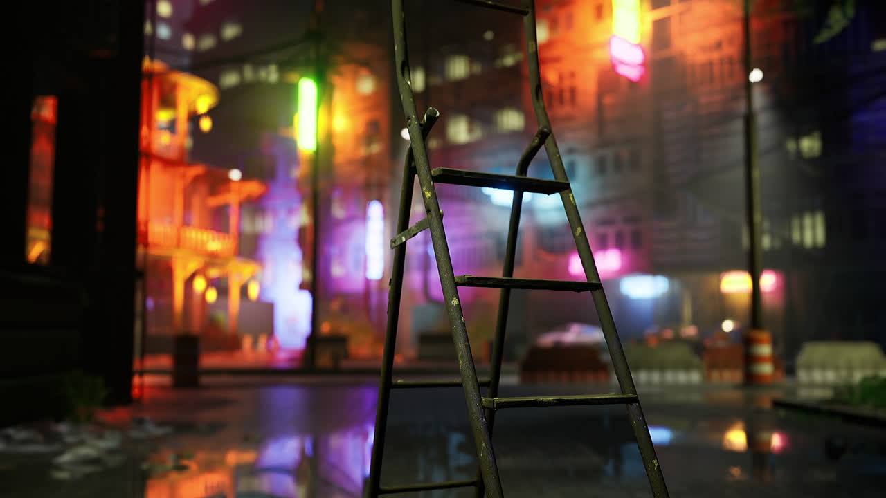 Urban night scene featuring a ladder under neon lights and reflections