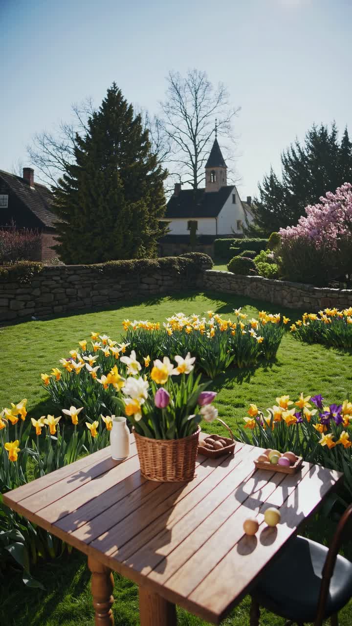 Wooden table adorned with colorful Easter eggs and vibrant spring flowers, nestled in a garden. Charming church and quaint houses visible in the background, enjoying a sunny spring day