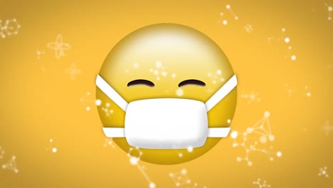 Digital-animation-of-molecular-structures-floating-over-face-wearing-mask-emoji-on-yellow-background