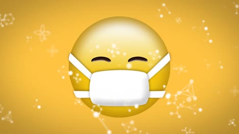 digital animation of molecular structures floating over face wearing mask emoji on yellow background