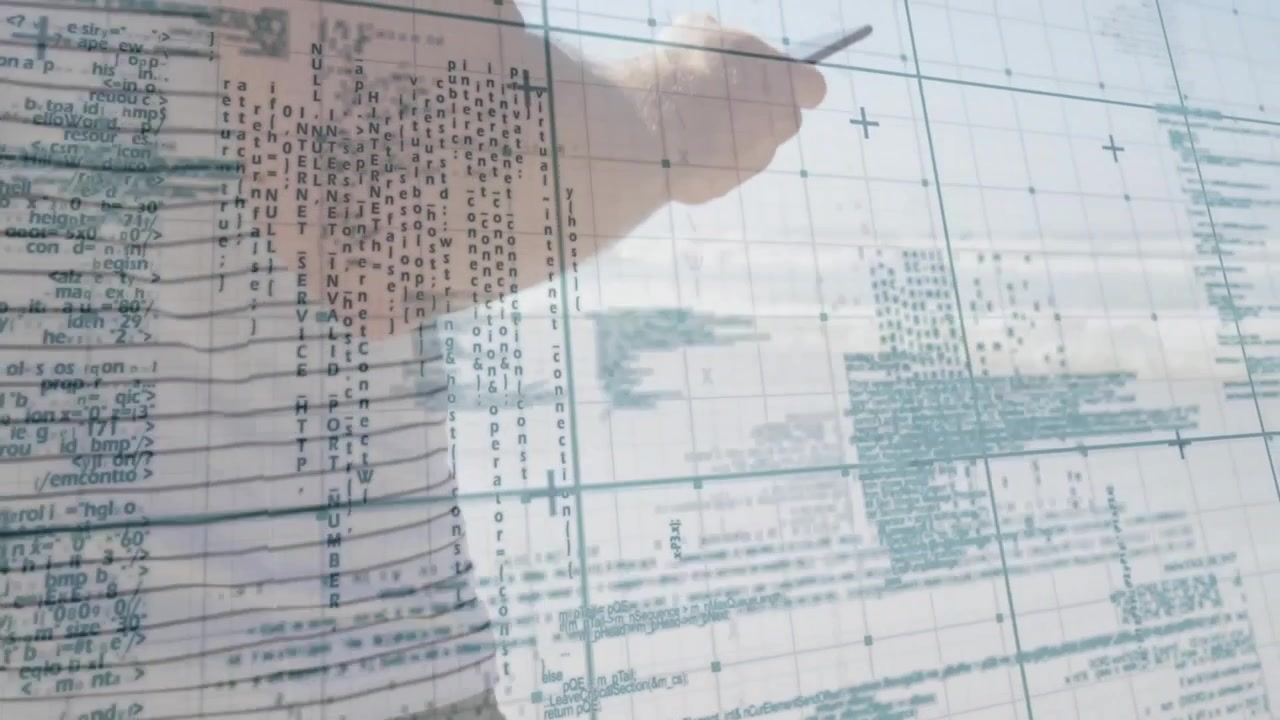 Man tapping smartphone to visualize tech data interactions with pulsing code grid on glass wall