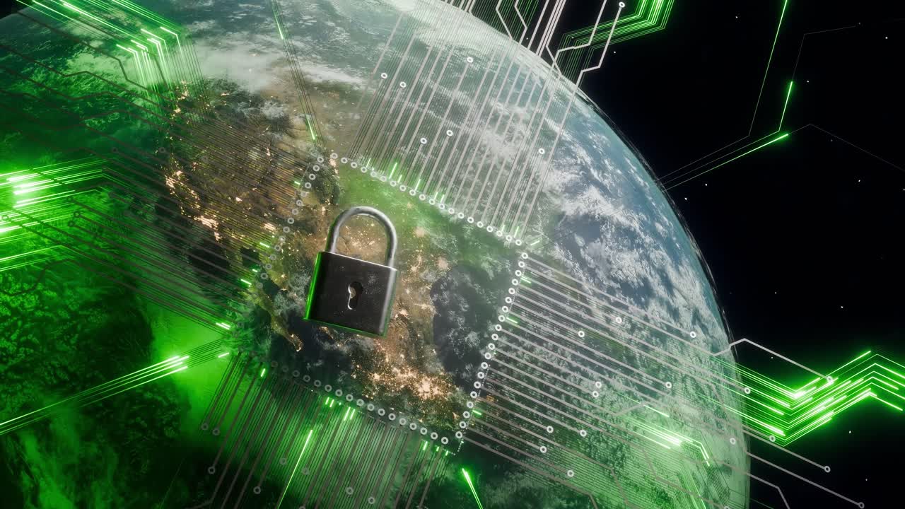 Digital padlock over North and Central America on planet Earth surrounded by cyber network lines and glowing green effects. Futuristic 3D rendering. Data protection and global cybersecurity concept.