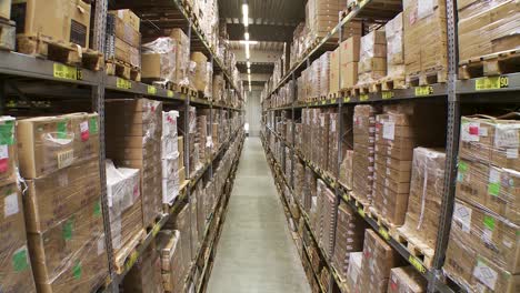 interior storage warehouse, jib crane movement modern shelves with cardboards