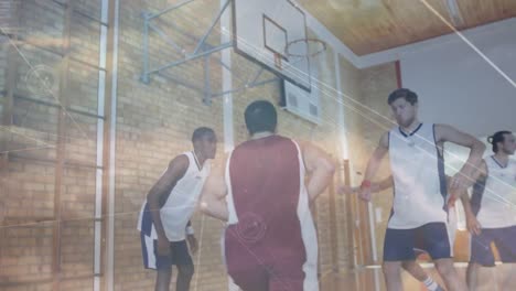 Animación-De-Red-De-Conexiones-Durante-Partido-De-Baloncesto-En-Gimnasio